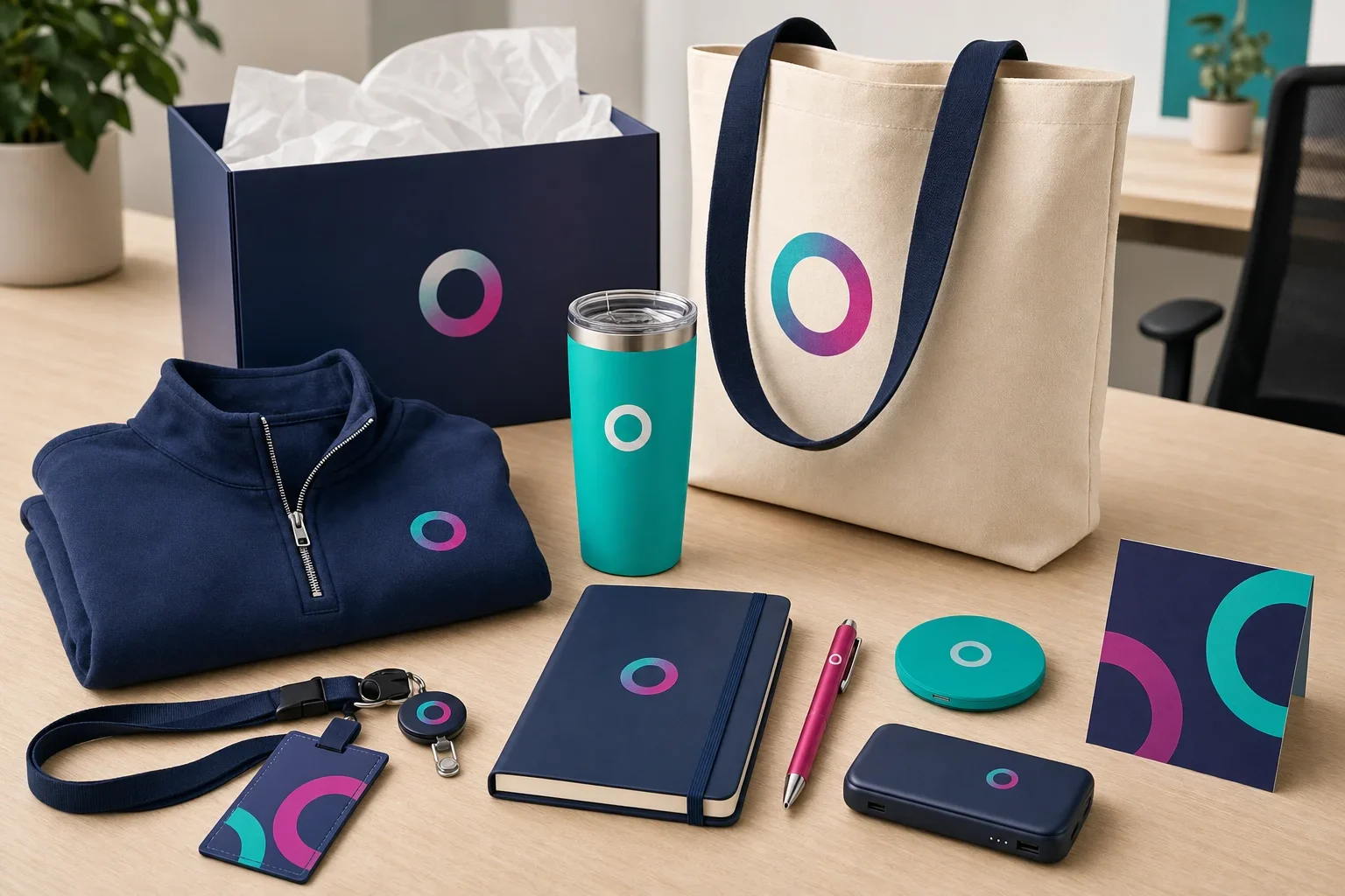 Employee welcome kit with branded apparel, tumbler, notebook, pen, tote bag, tech accessory, and gift box on a clean desk