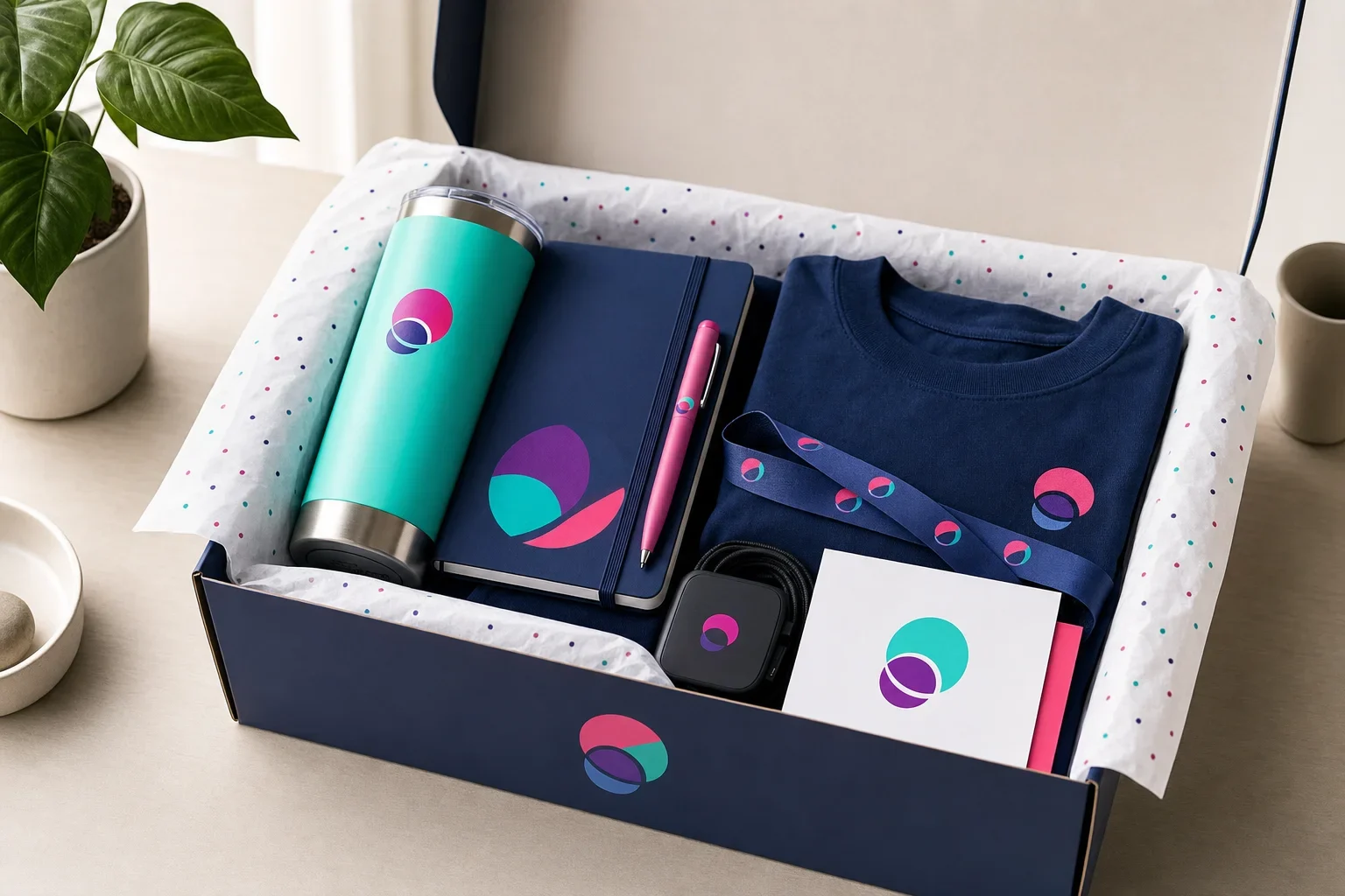 Employee welcome kit packaging with open gift box, tissue paper, welcome card, tumbler, notebook, pen, and apparel