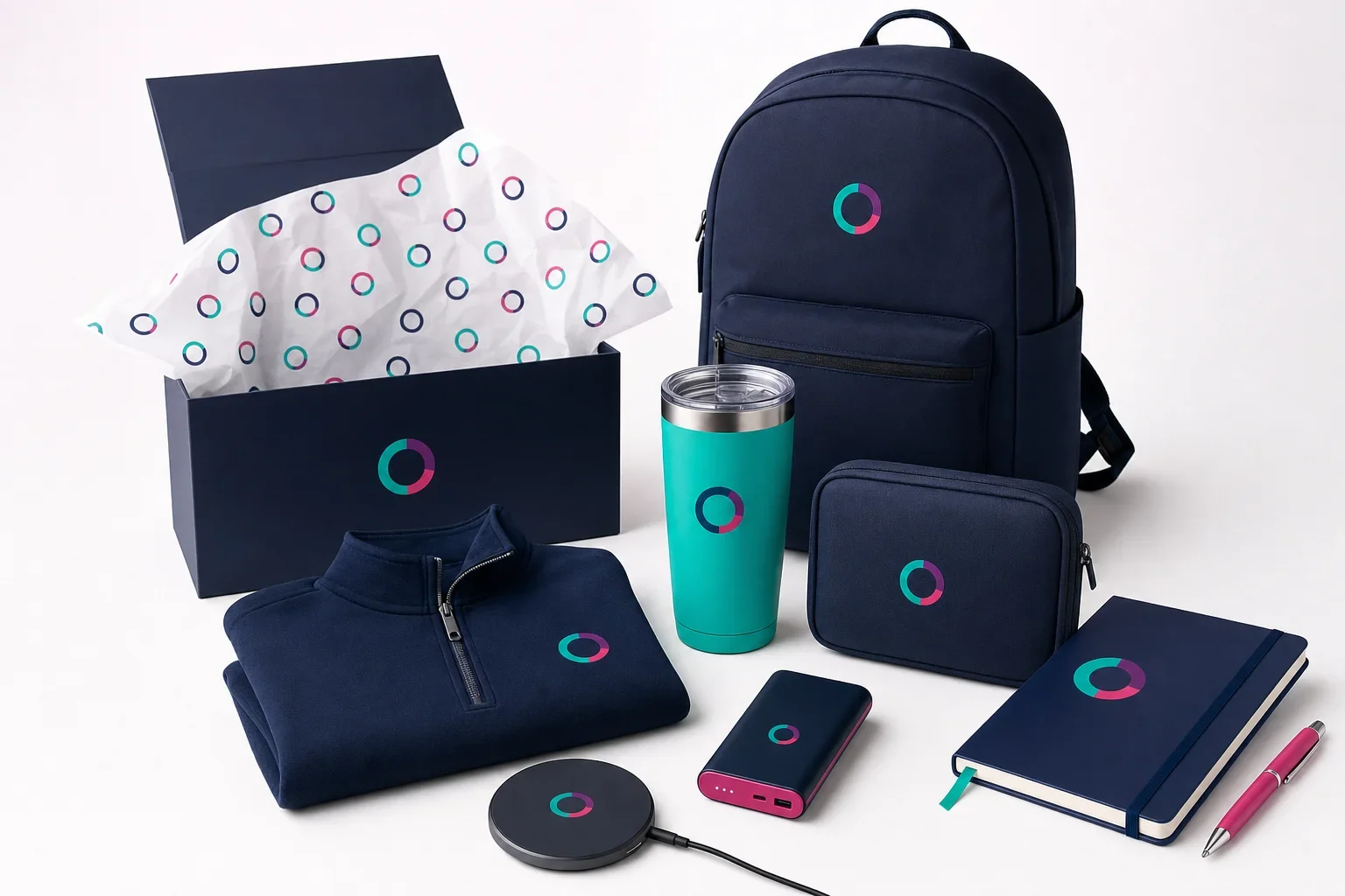 Premium employee welcome kit with retail-style apparel, drinkware, backpack, notebook, tech accessories, and gift box