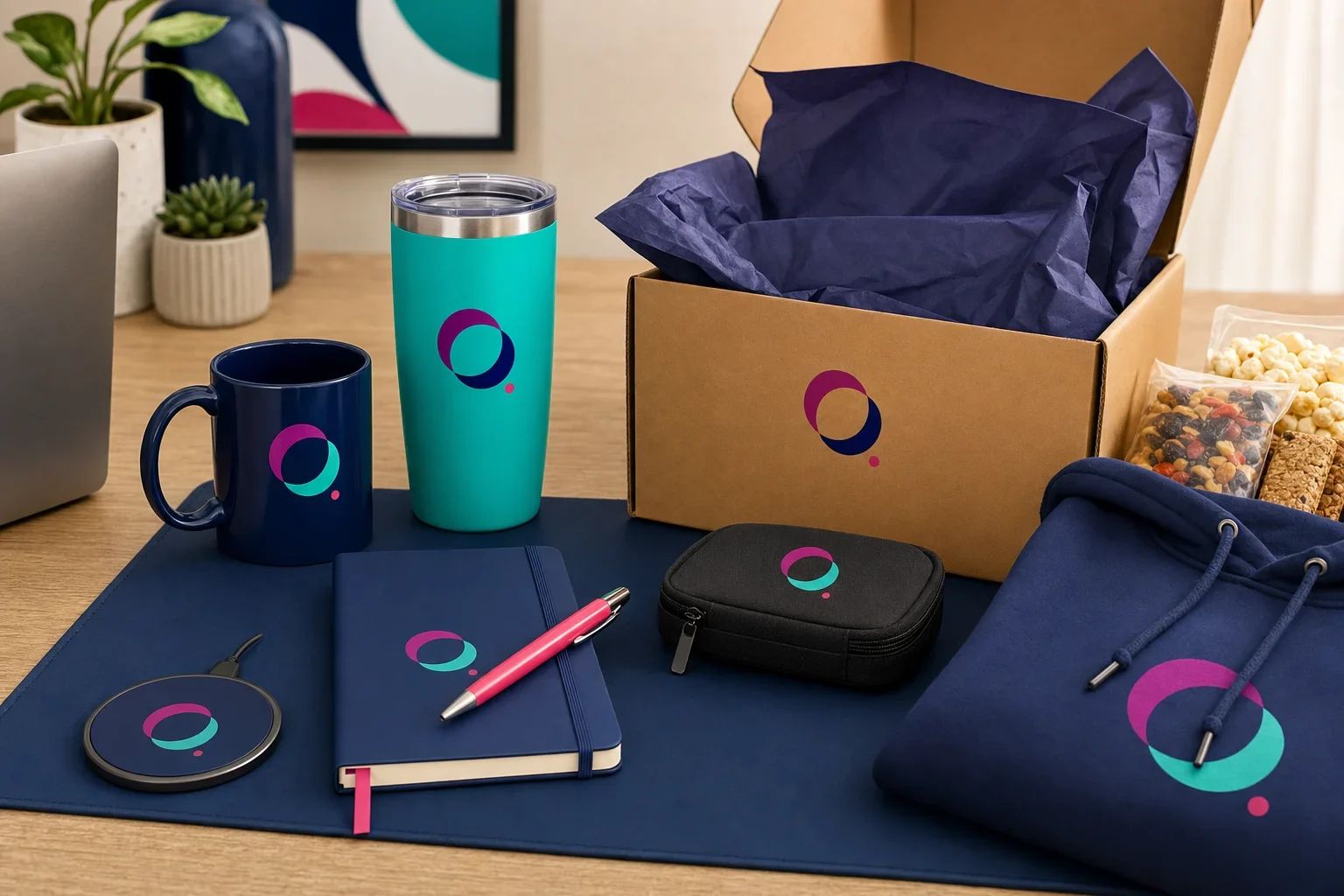 Remote employee welcome kit with desk mat, mug, notebook, wireless charger, apparel, snack box, and shipped gift packaging