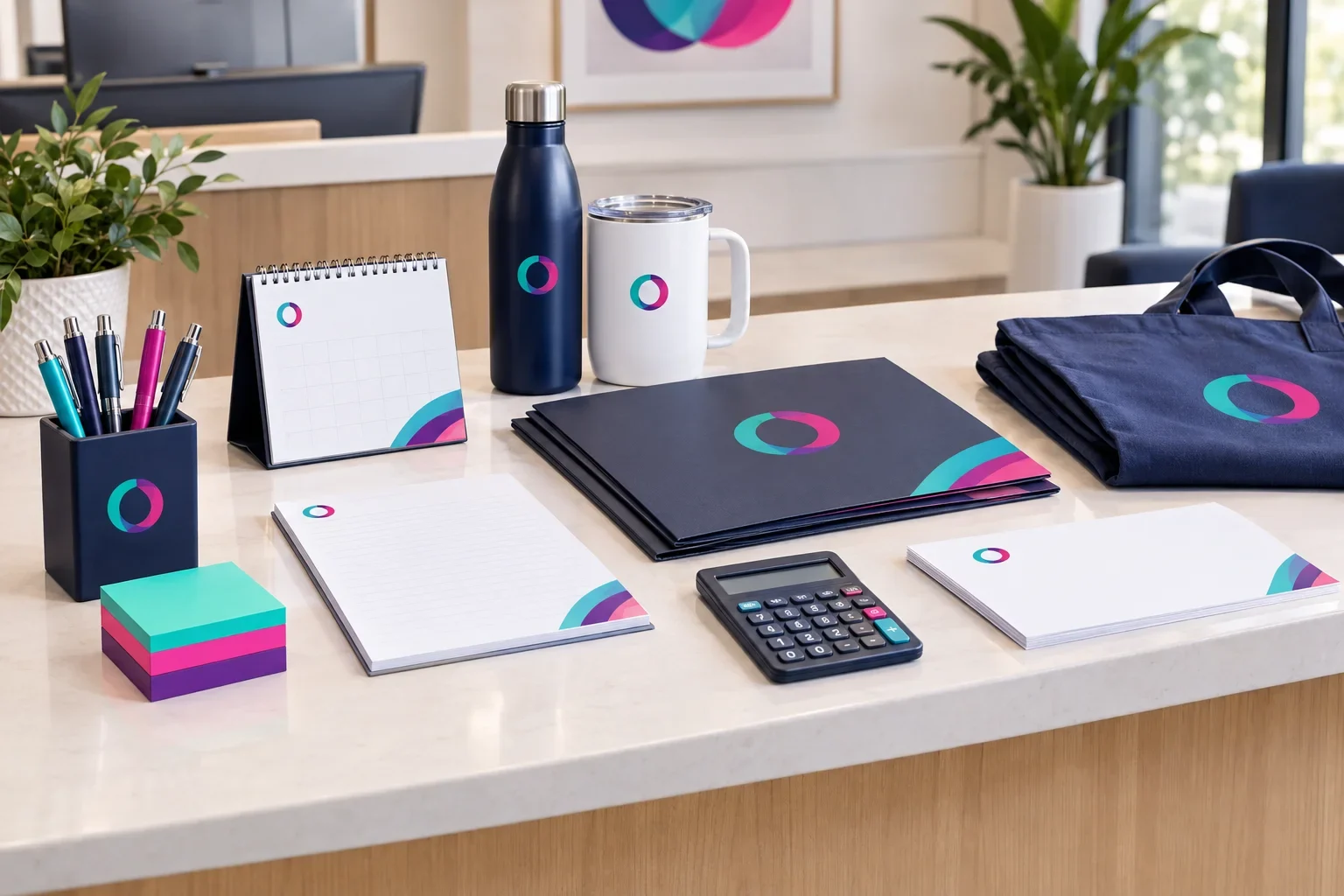 Bank and credit union promotional products including pens, notepads, calendars, folders, tote bags, and coffee mugs