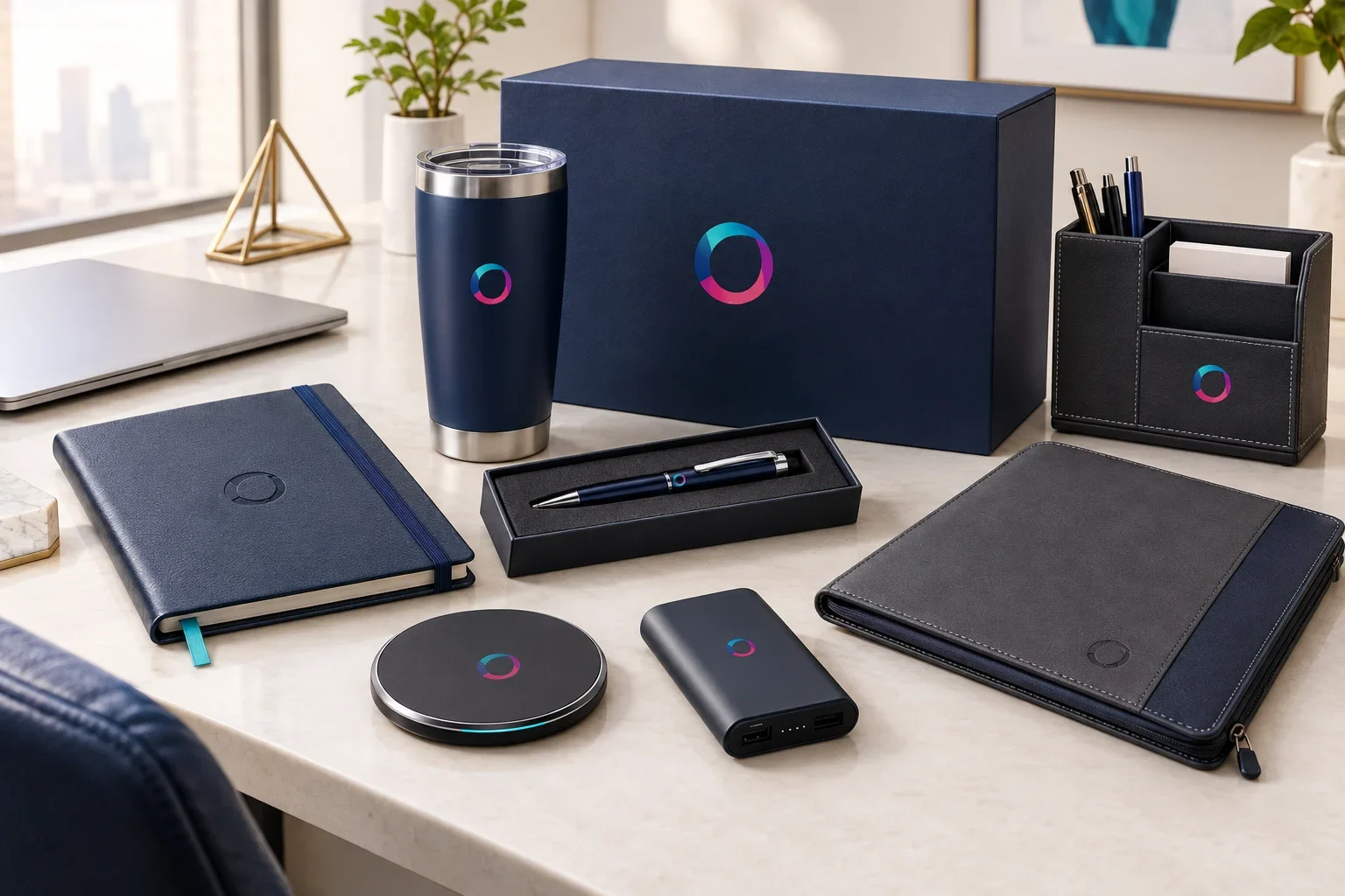 Premium financial services client gifts including leatherette notebook, metal pen, insulated tumbler, wireless charger, desk accessories, and gift box