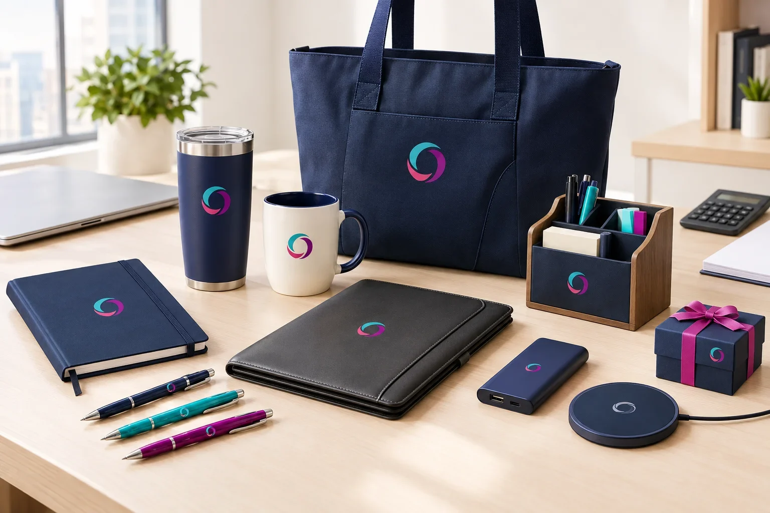 Financial services promotional products including premium pens, notebooks, padfolio, tumbler, tote bag, desk accessories, and technology gifts