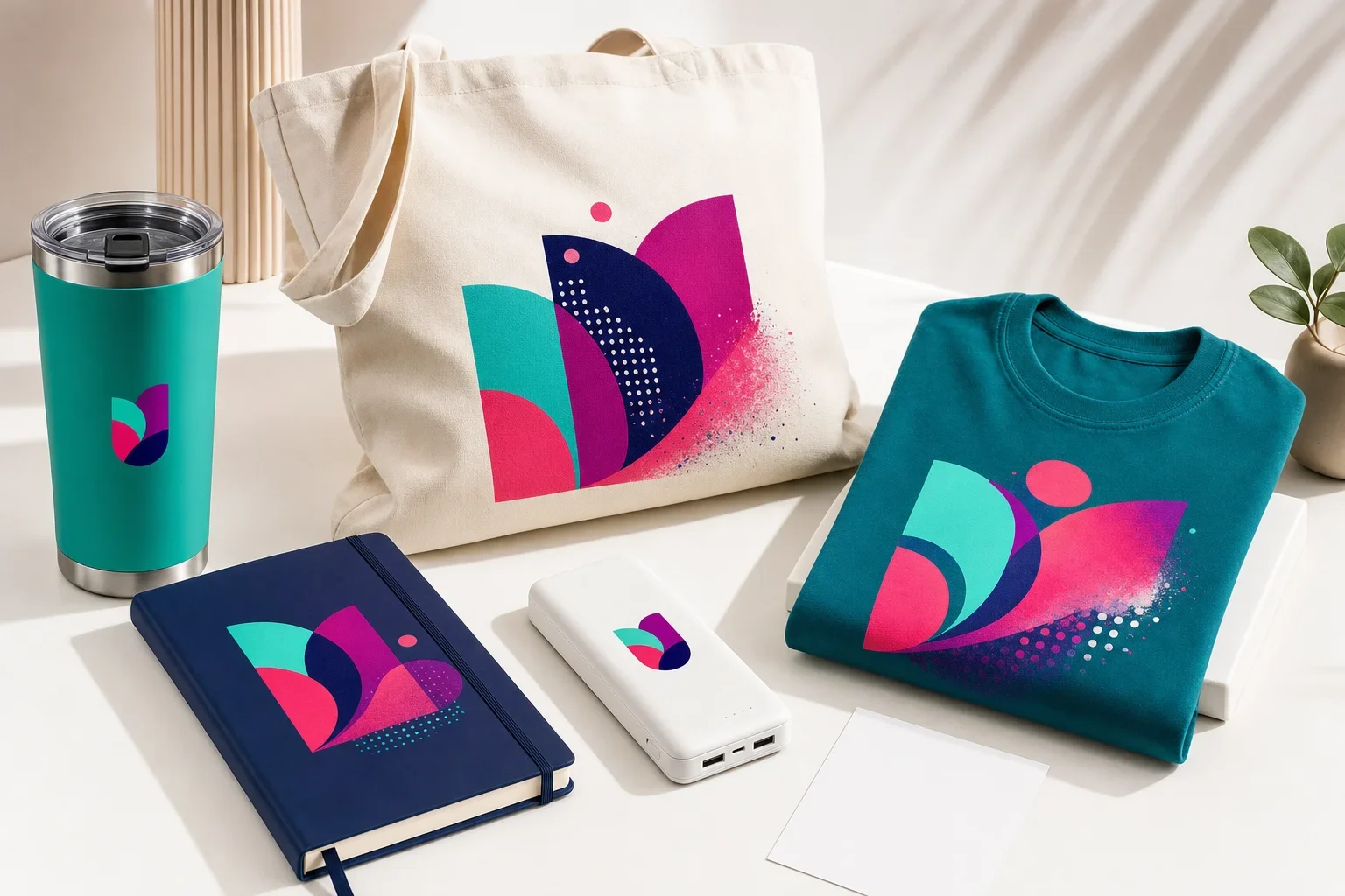 Promotional products showing full color digital printing and full color transfer decoration on a power bank, notebook, tote bag, shirt, and drinkware