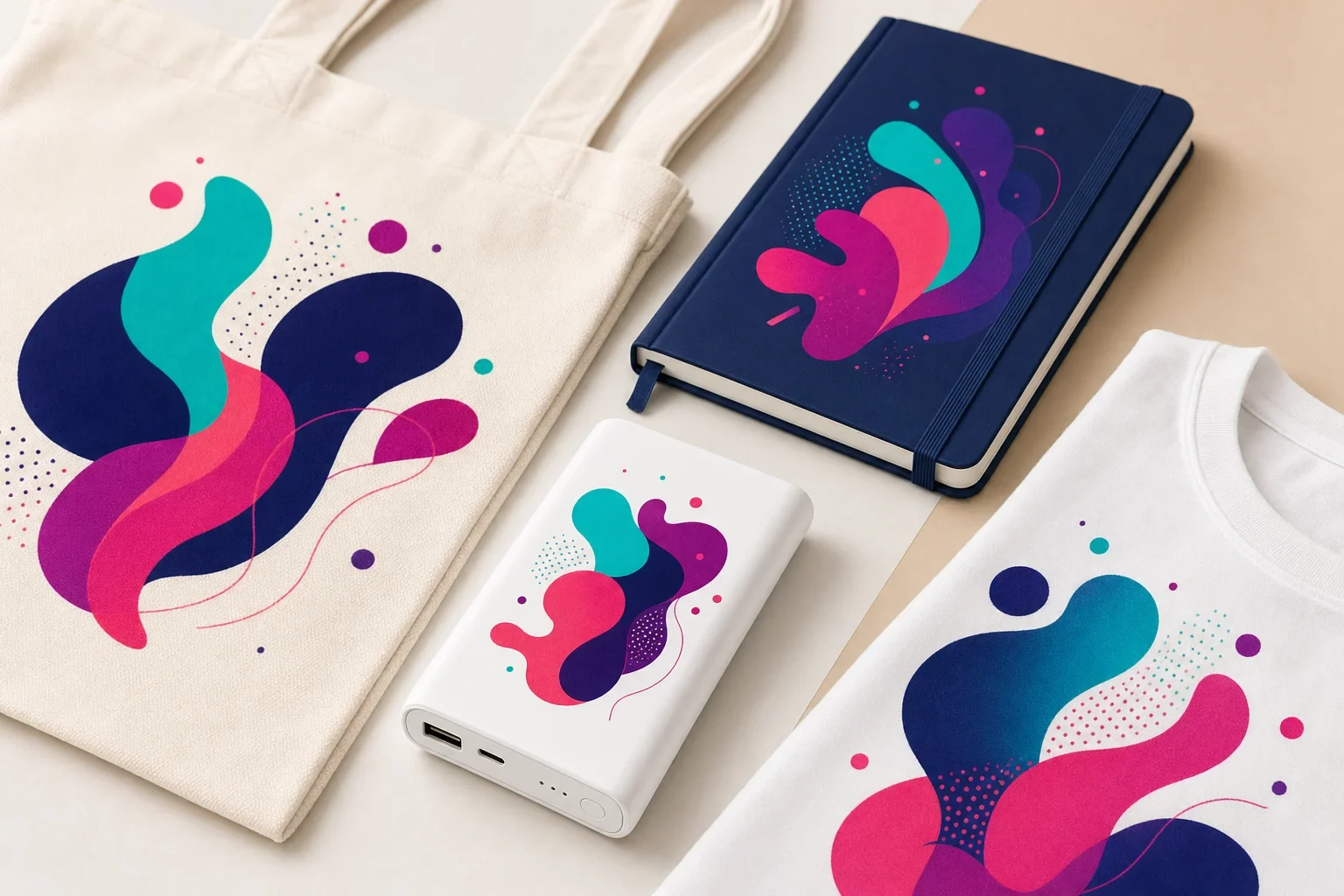 Close-up examples of full color digital printing on hard goods and full color transfer decoration on fabric products