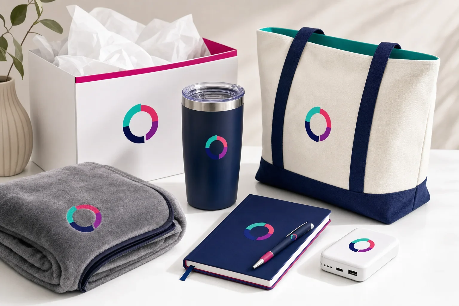 Donor appreciation gifts including premium tumbler, notebook, pen, blanket, charger, tote bag, and gift box