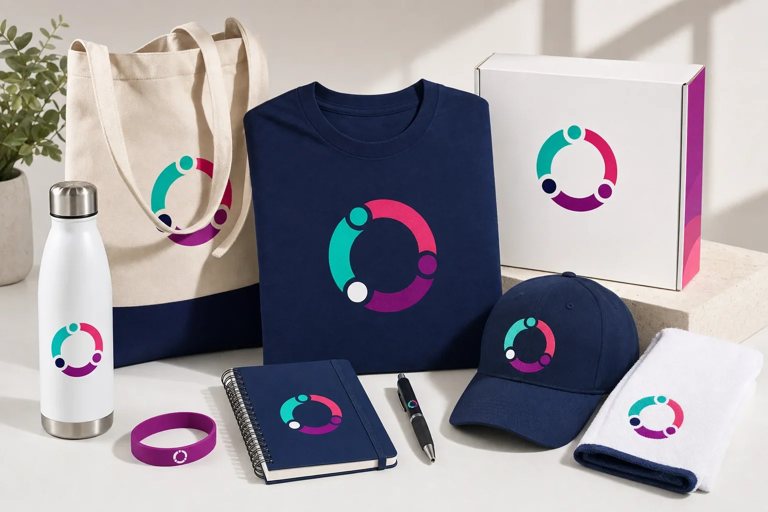 Fundraising promotional products including T-shirt, tote bag, water bottle, wristband, notebook, pen, cap, and donor gift box