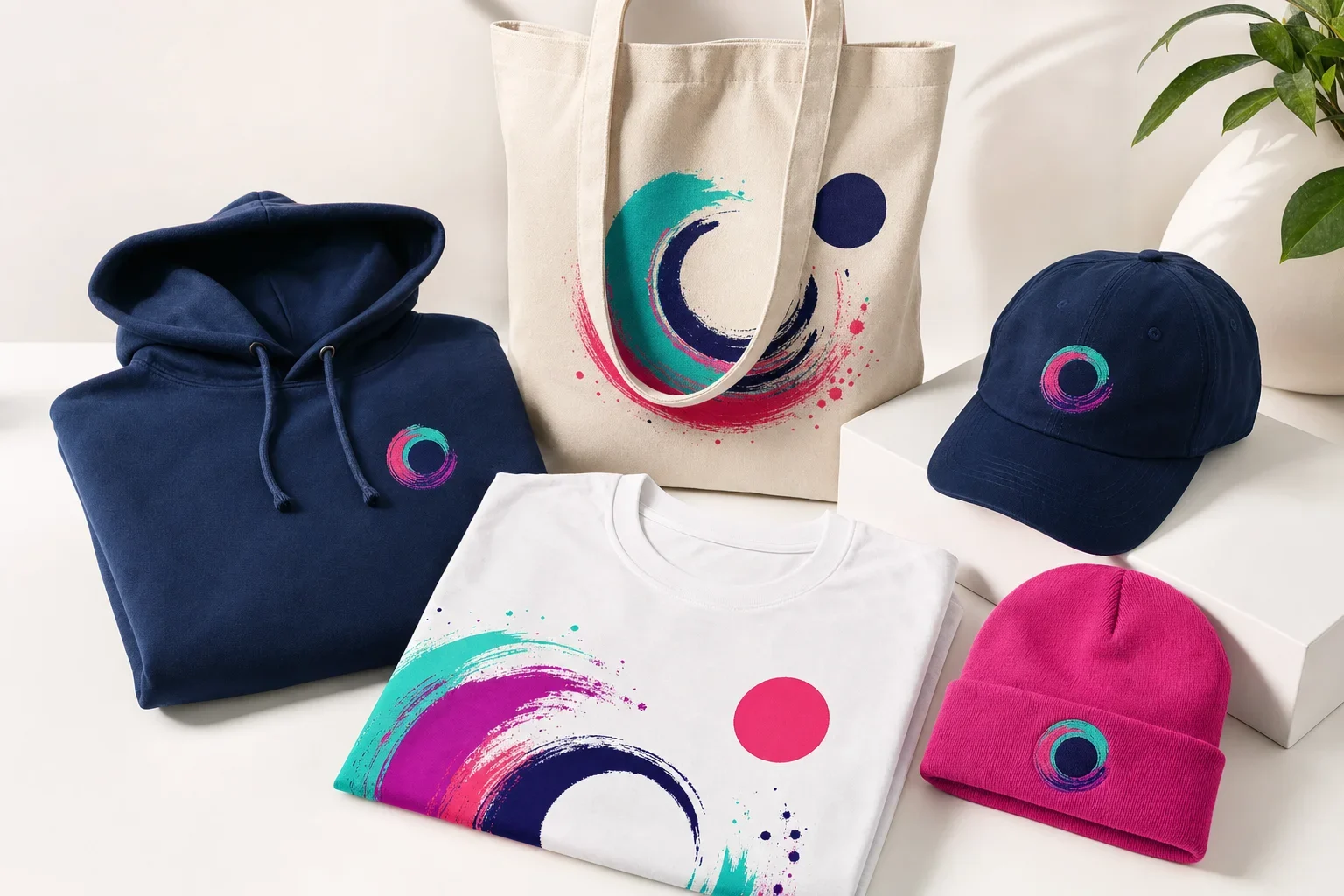Fundraising merchandise including T-shirt, hoodie, cap, beanie, and reusable tote bag
