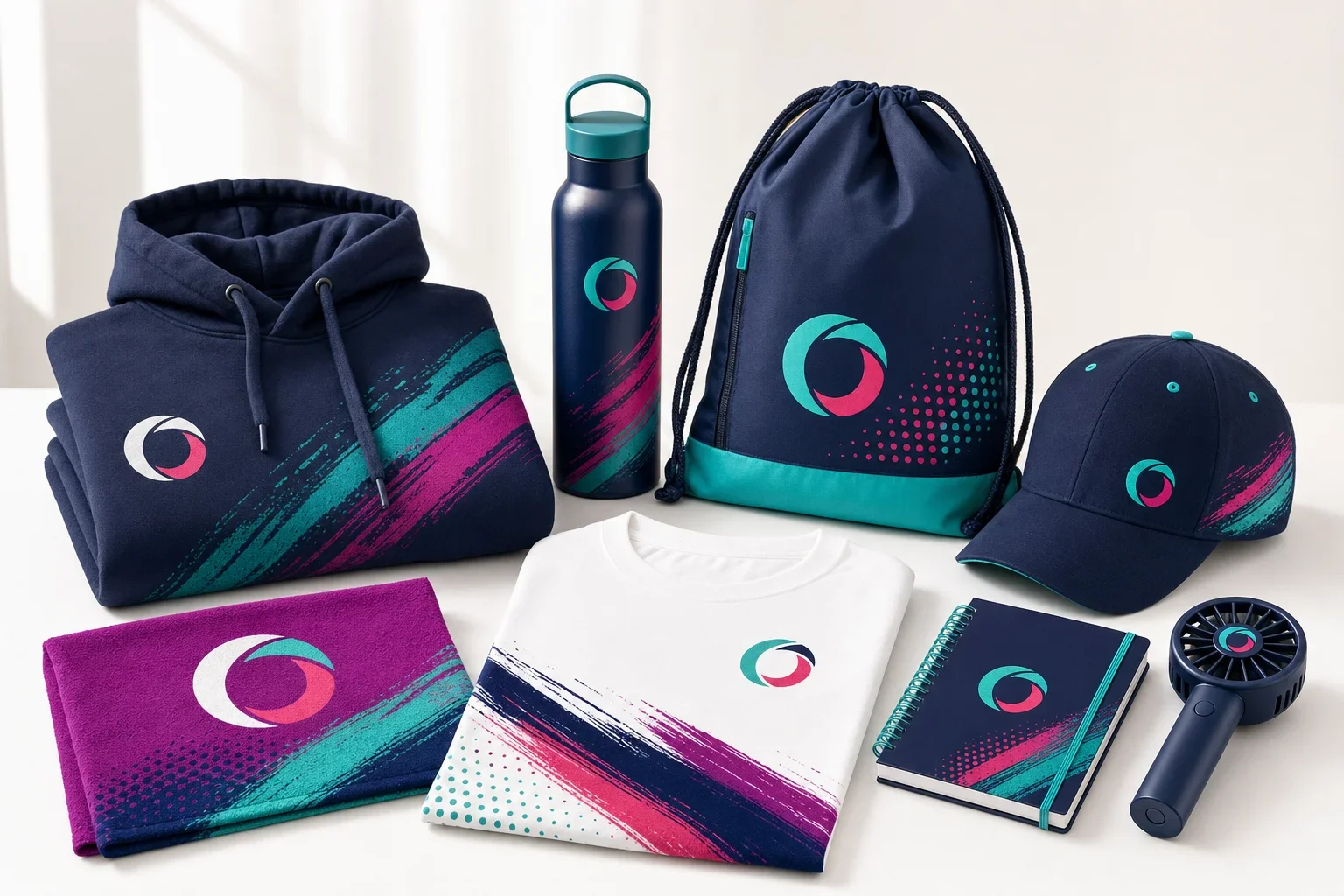 School and sports team fundraising products including hoodie, T-shirt, water bottle, drawstring bag, rally towel, notebook, and cap