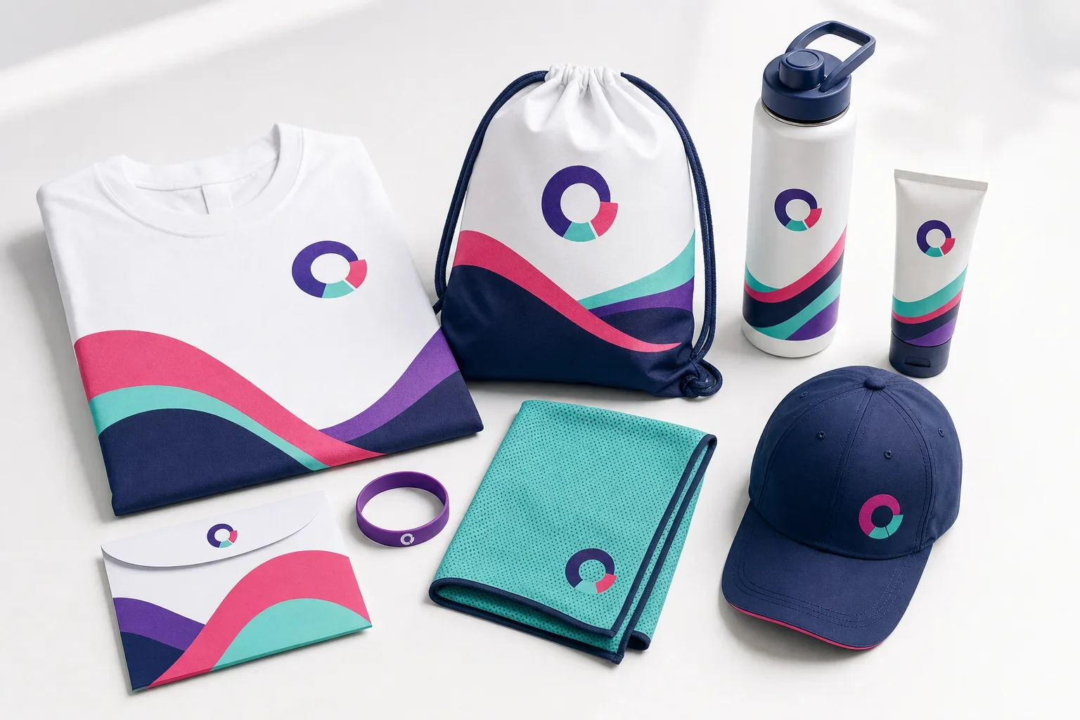 Charity walk and run products including event T-shirt, drawstring bag, water bottle, wristband, cooling towel, and cap