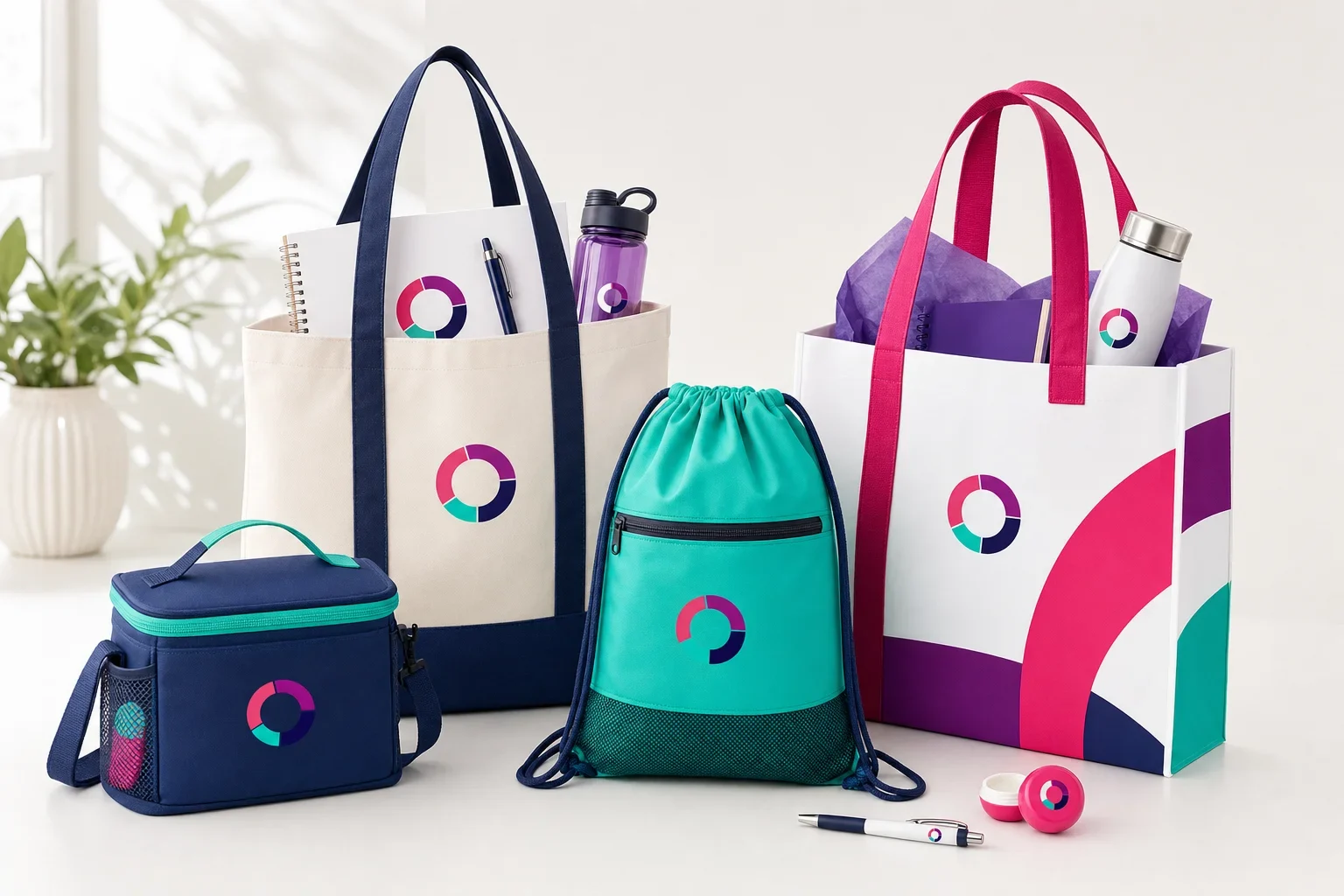 Grand opening bags including reusable tote bag, drawstring bag, cooler bag, and premium shopping tote