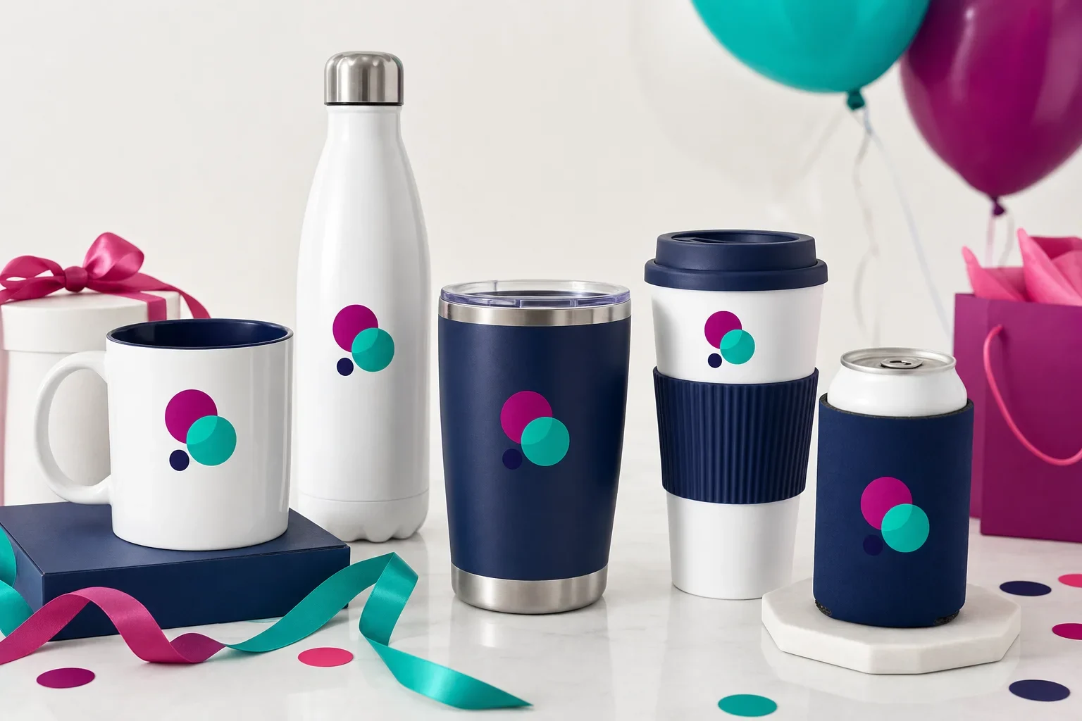 Grand opening drinkware giveaways including mug, water bottle, tumbler, travel cup, and can cooler