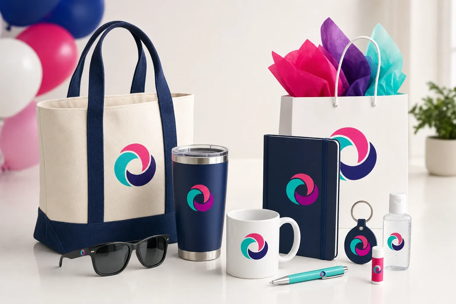Grand opening giveaway products including tote bag, tumbler, pen, notebook, mug, key tag, sunglasses, and gift bag