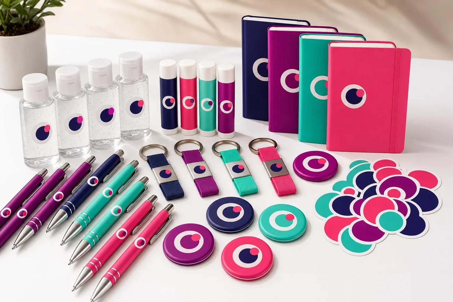 High-volume grand opening giveaways including pens, key tags, magnets, lip balm, hand sanitizer, stickers, and small notepads