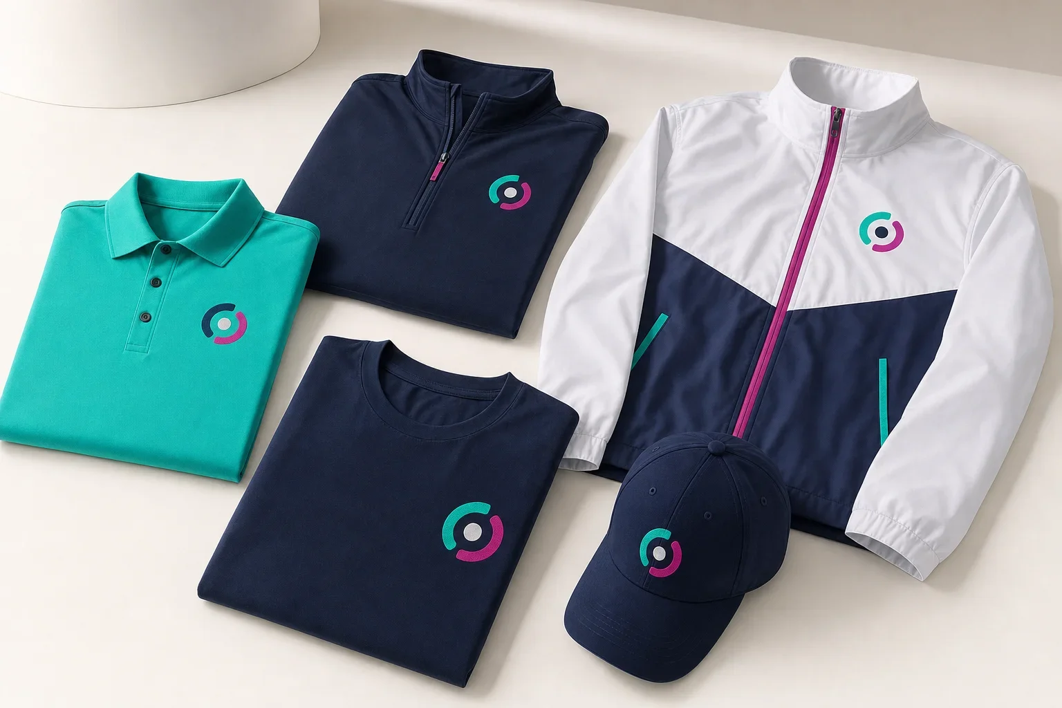 Grand opening staff apparel including T-shirt, polo, quarter zip, cap, and lightweight jacket