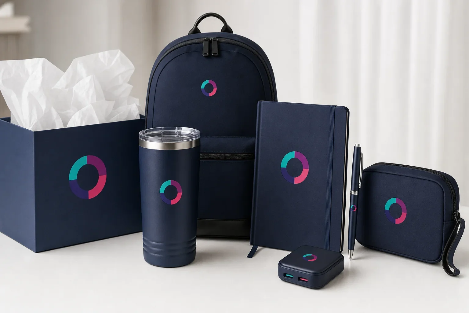 VIP grand opening gifts including premium tumbler, notebook, pen, charger, travel pouch, backpack, and gift box