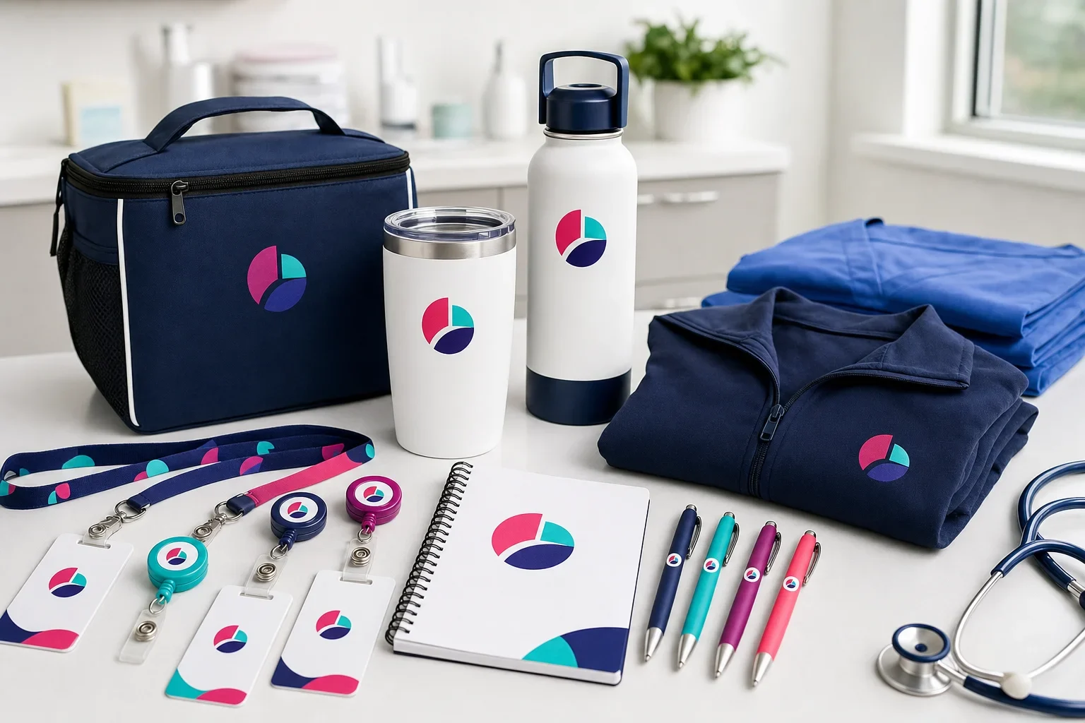 Healthcare staff badge reels, lanyards, ID holders, pens, and drinkware arranged on a clean desk