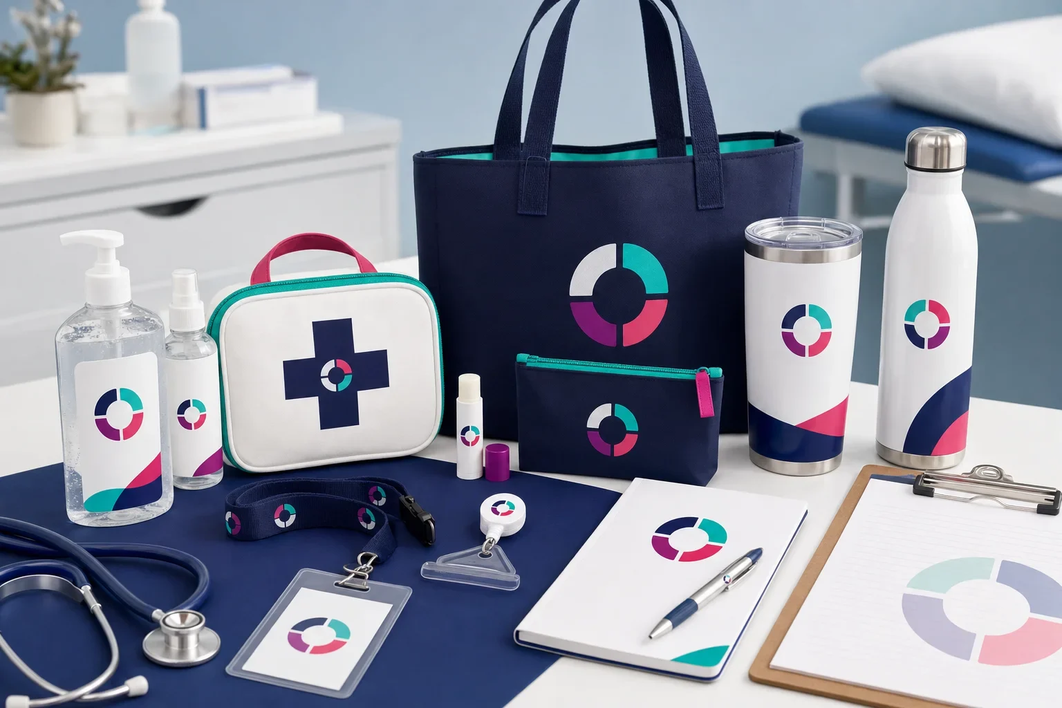 Healthcare promotional products including hand sanitizer, first aid kit, badge reel, lanyard, pen, notebook, tote bag, water bottle, and wellness items