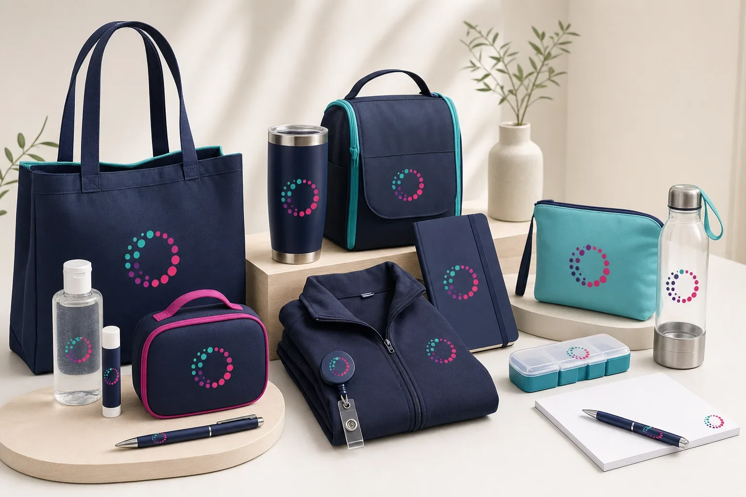 Healthcare promotional product kits for patients, staff, caregivers, and wellness events