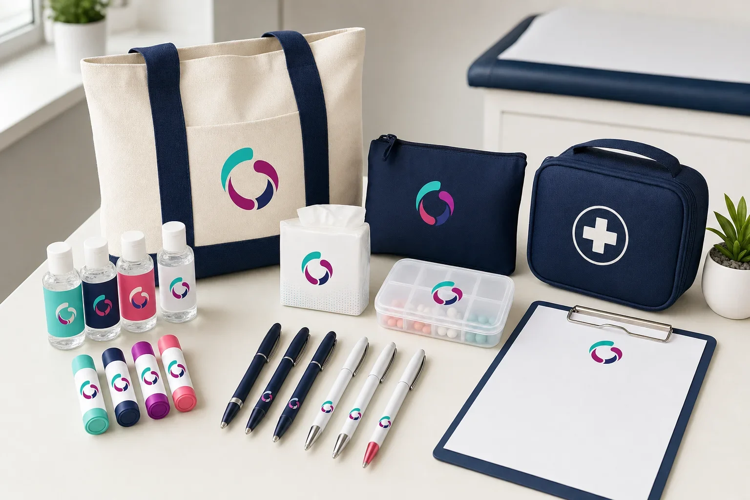 Healthcare outreach giveaway products including hand sanitizer, lip balm, first aid kit, tote bag, pen, and wellness pouch