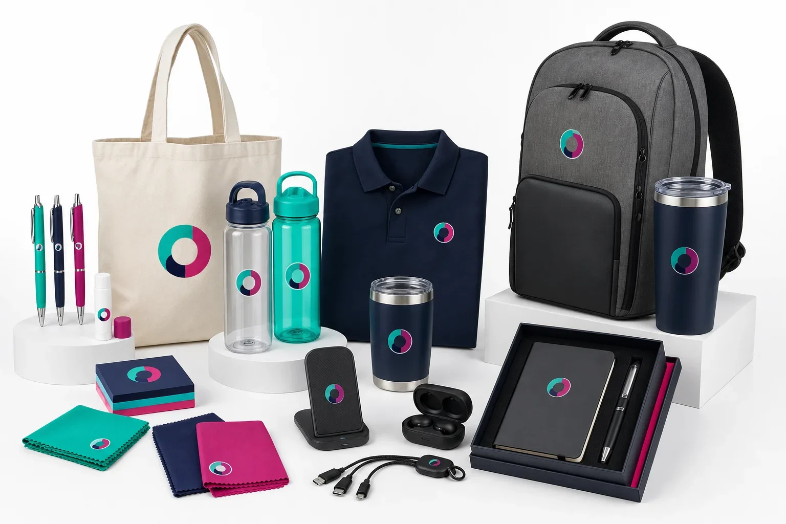 Promotional product budget tiers shown through product groups including pens and lip balm, tote bags and drinkware, apparel and tech gifts, and premium gift boxes