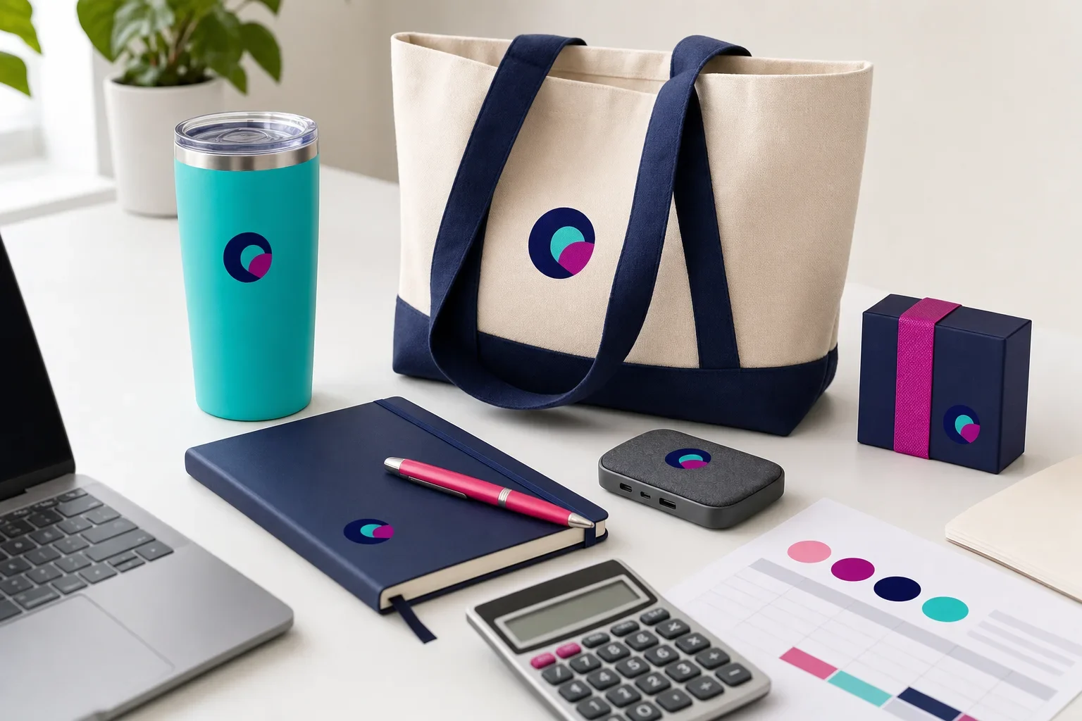 Promotional products arranged with a calculator, notebook, pen, tote bag, drinkware, tech accessory, and gift box to represent promotional product budgeting