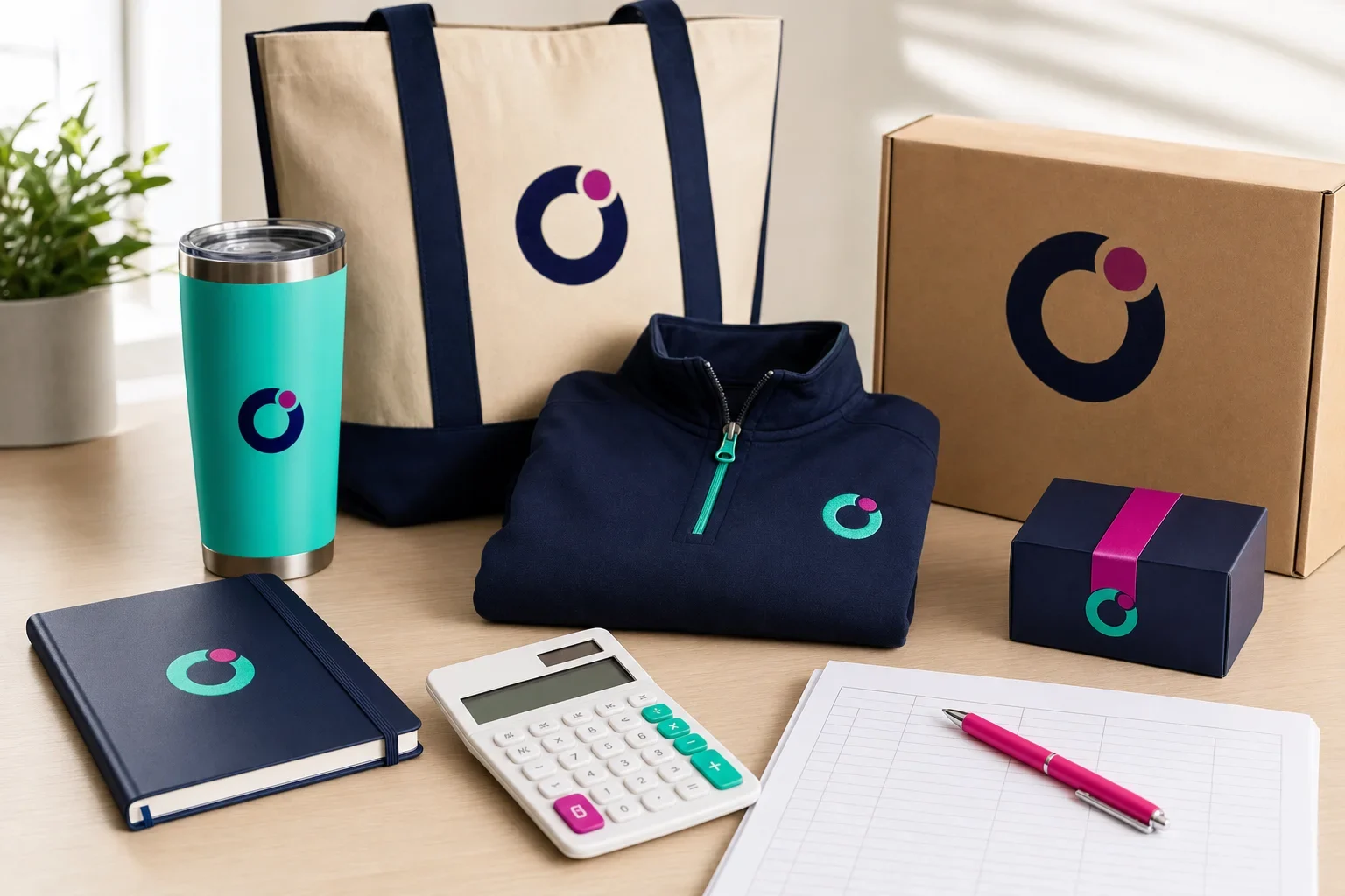 Promotional product budget planning with calculator, notebook, pen, product samples, packaging, and shipping box