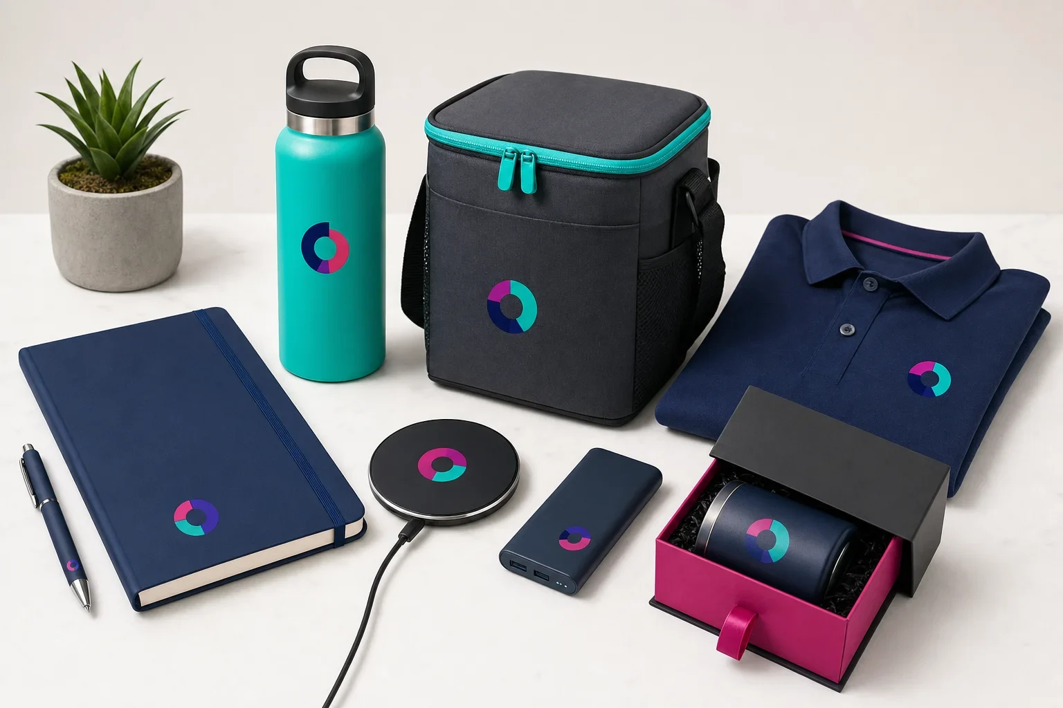 Promotional products arranged by audience type including office items, outdoor items, tech accessories, and employee gifts