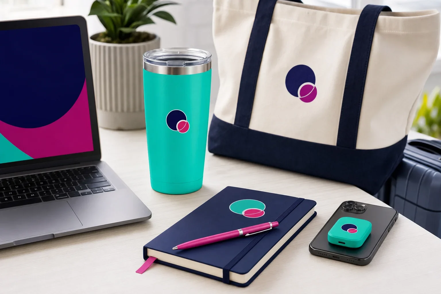 Useful branded promotional products placed in everyday settings such as a desk, bag, and travel area