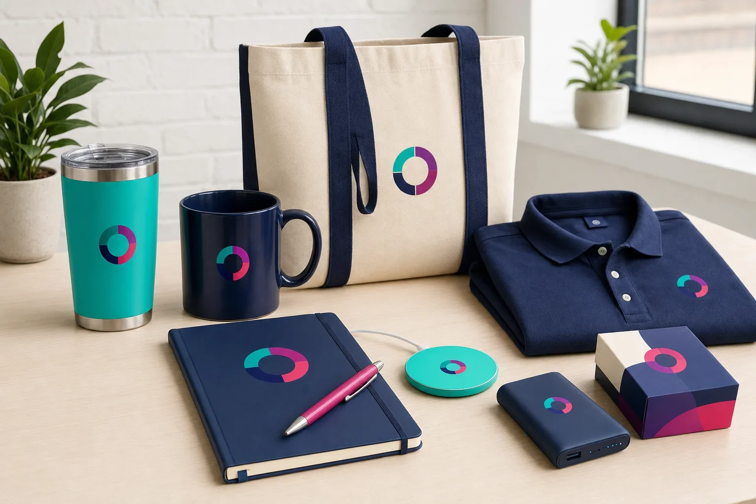 A curated selection of branded promotional products on a clean desk including drinkware, tote bag, notebook, pen, apparel, and tech accessories
