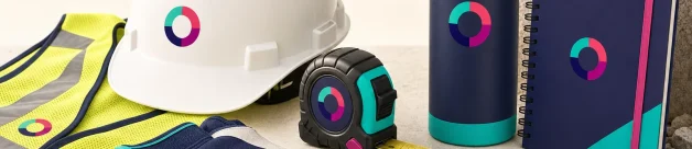 Construction promotional products arranged with safety and job site items