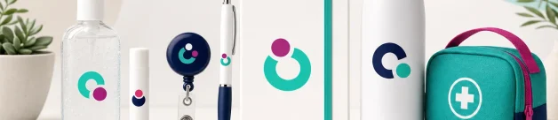 Healthcare promotional products arranged with wellness and medical outreach items