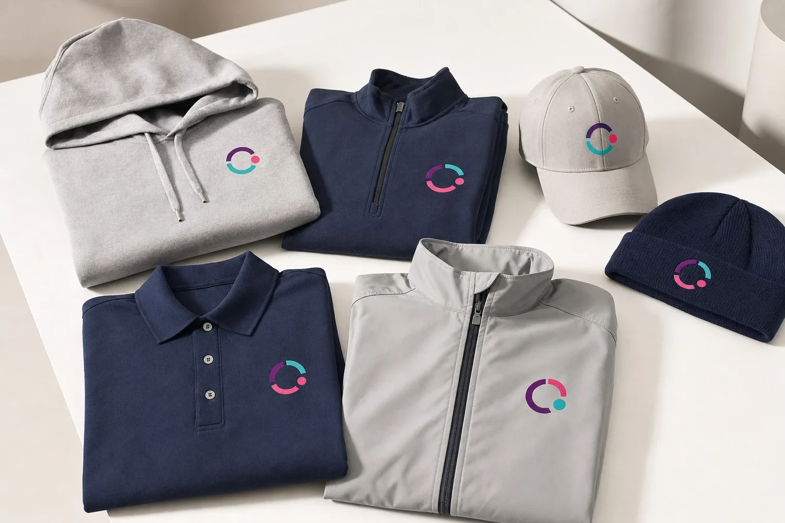 Employee onboarding apparel including hoodie, quarter zip, polo, jacket, cap, and beanie