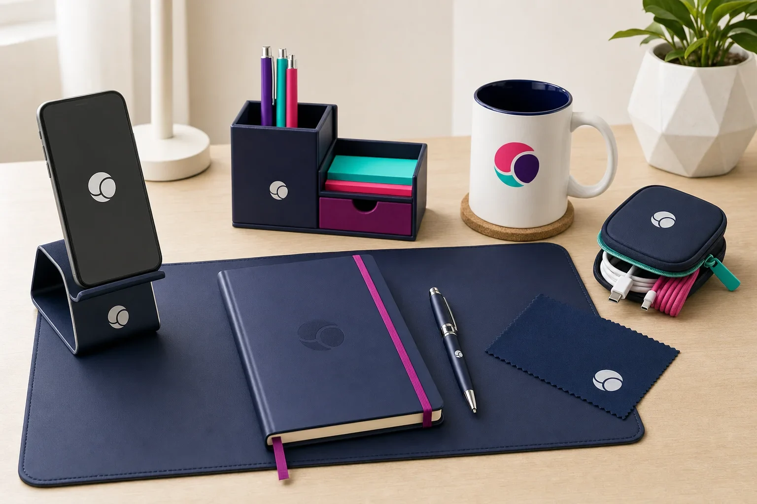 Employee desk setup gifts including phone stand, desk organizer, mouse pad, notebook, pen, screen cleaner, and mug