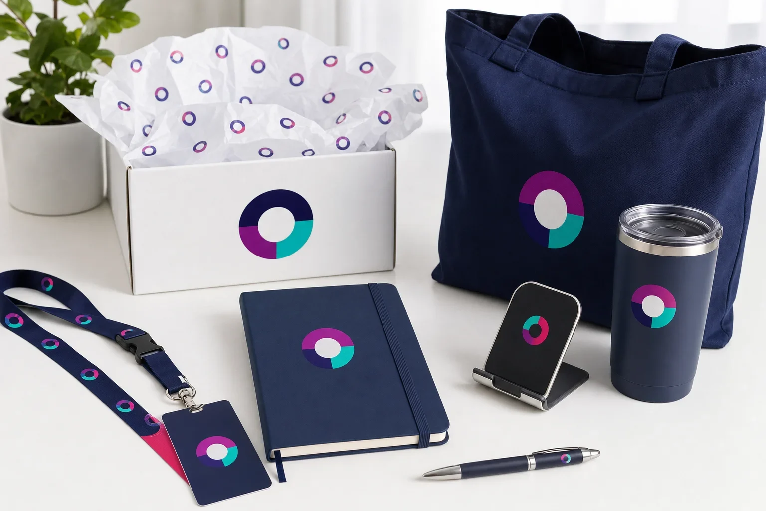 First-day employee welcome kit including notebook, pen, tumbler, tote bag, lanyard, and desk accessory