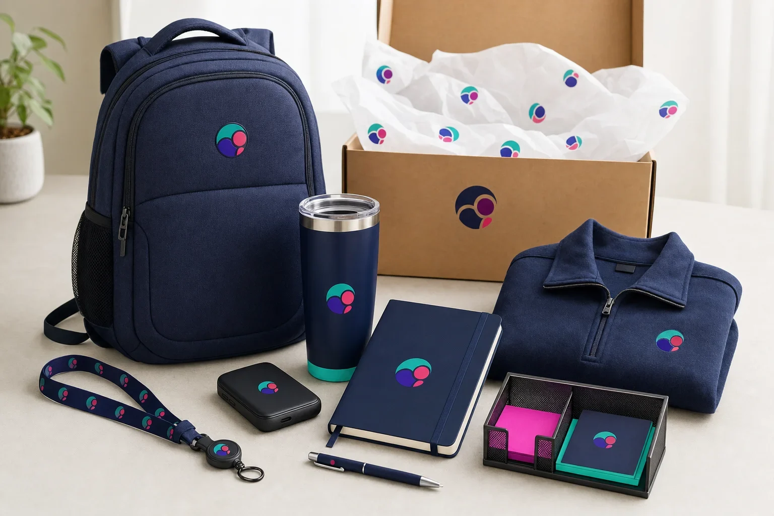 New employee onboarding gifts including backpack, tumbler, notebook, pen, hoodie, tech accessory, desk item, and welcome box