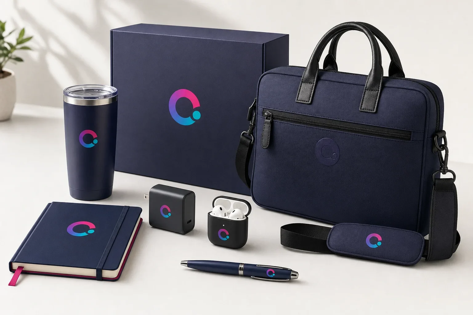 Premium leadership onboarding gifts including executive notebook, tumbler, charger, earbuds, laptop bag, and gift box
