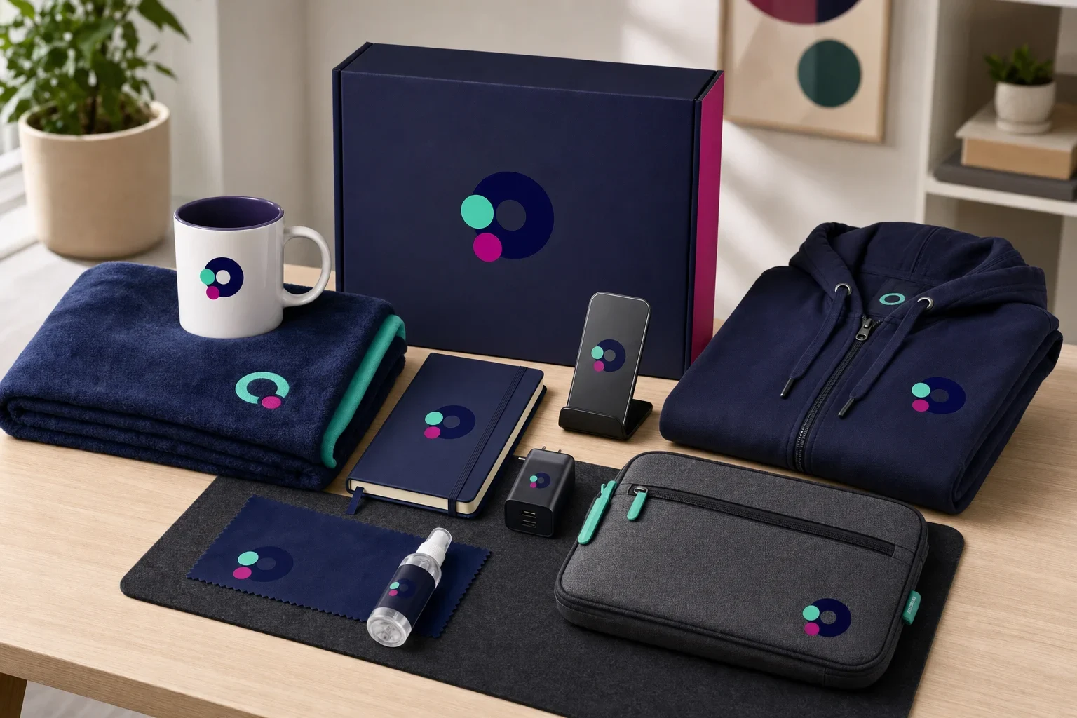 Remote employee onboarding kit including mug, blanket, notebook, charger, desk mat, phone stand, hoodie, and tech pouch