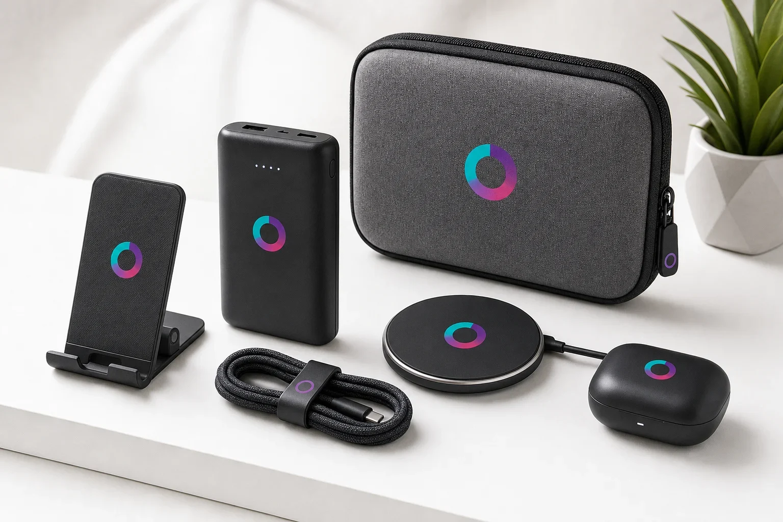 New employee tech gifts including power bank, charging cable, wireless charger, earbuds, phone stand, and tech pouch