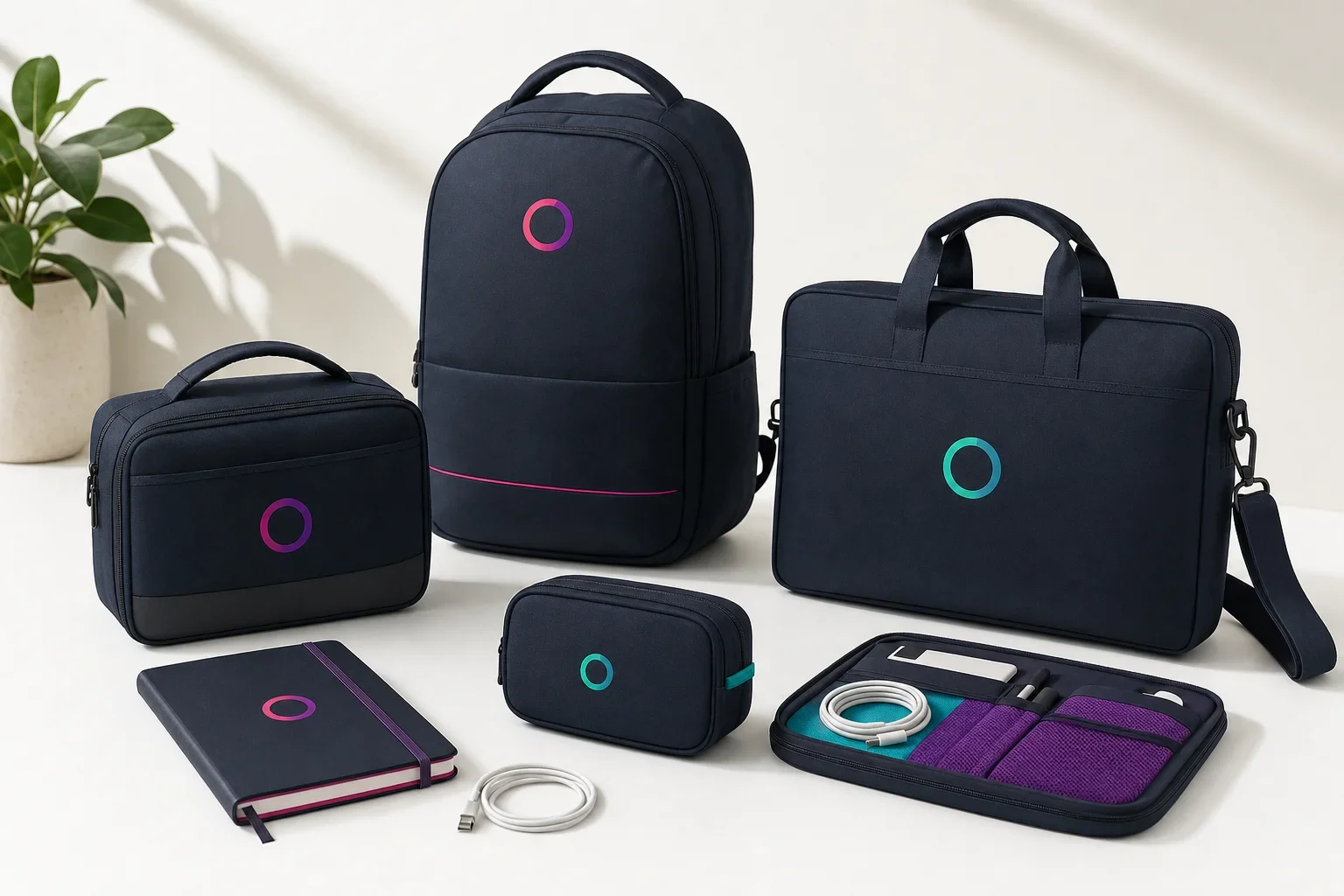 Employee onboarding bags including backpack, laptop bag, tech pouch, lunch bag, and travel organizer