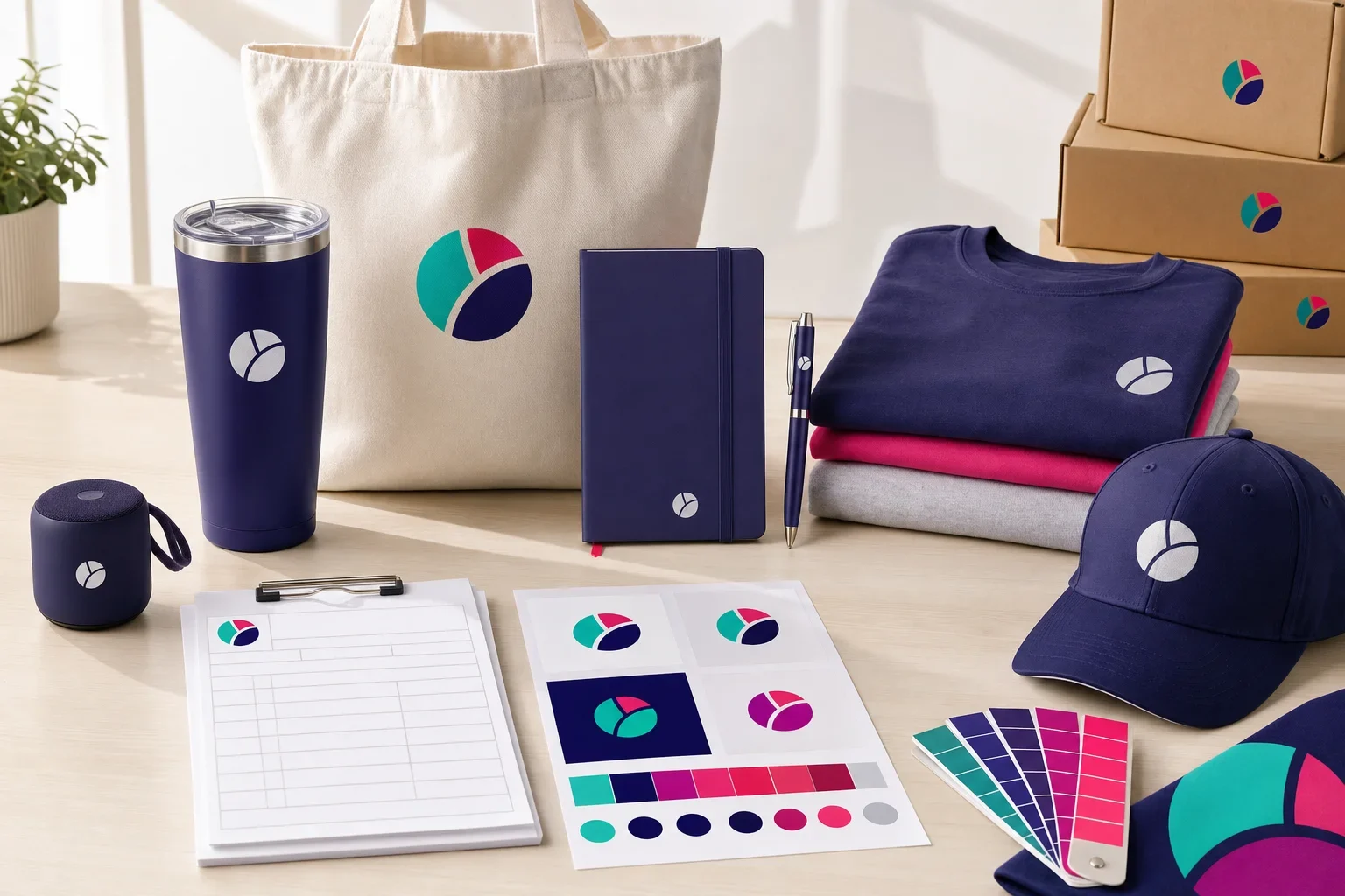 Custom promotional products, order forms, proof sheets, color swatches, packaging boxes, and branded product samples arranged on a clean studio desk