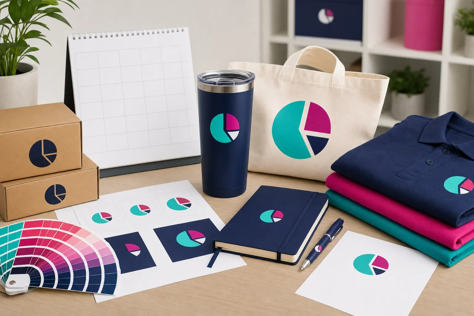 Custom promotional product proof sheets, calendar pages without readable text, product samples, and shipping boxes arranged on a clean desk
