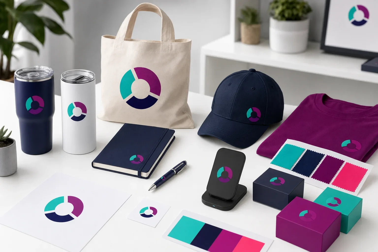 Promotional product samples arranged with blank proof sheets, color swatches, product boxes, and decorated sample items