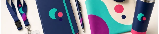 Conference giveaway products arranged with badge lanyard notebook tote and drinkware