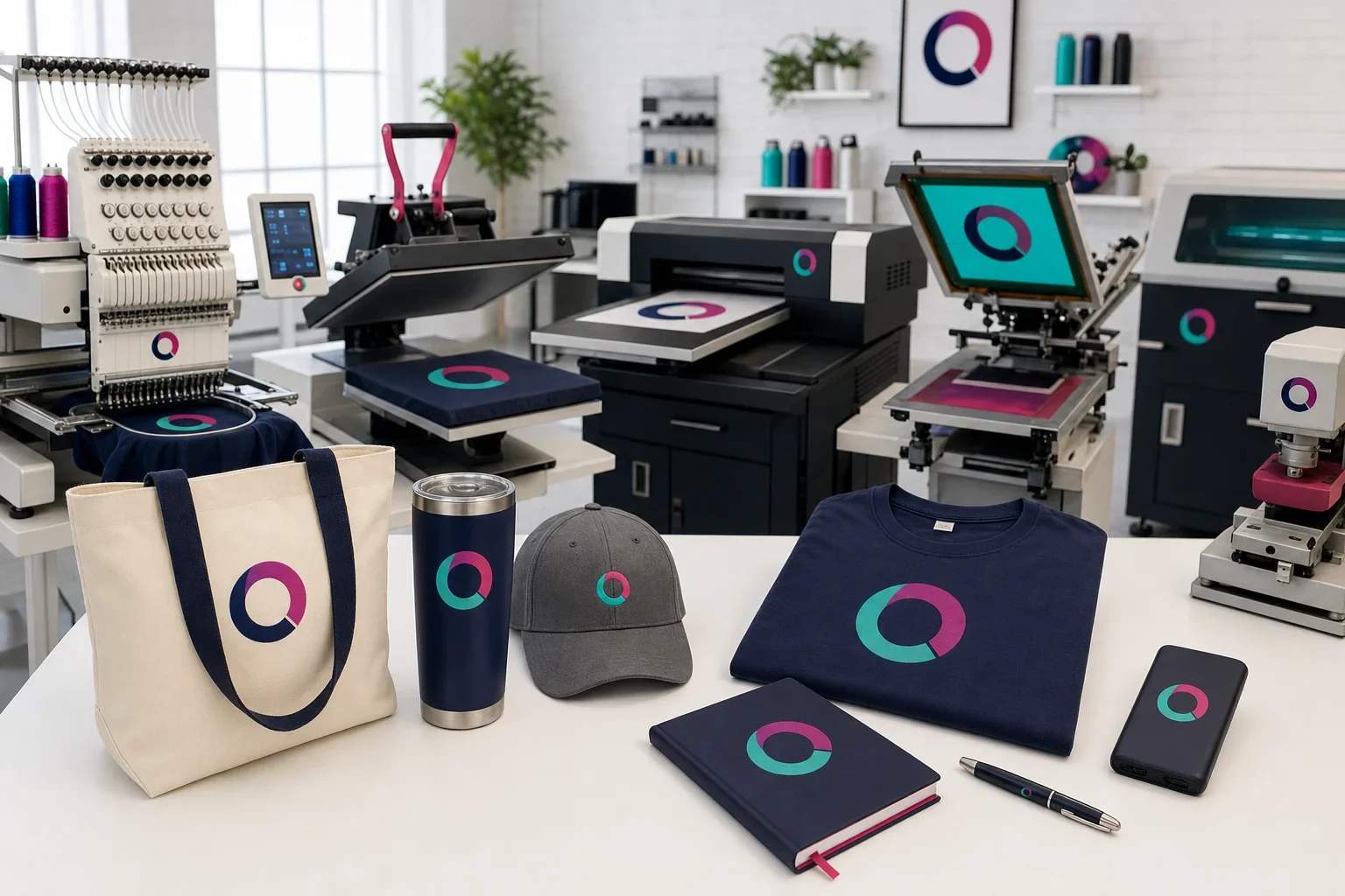 Promotional product decoration process with printing equipment, embroidery machine, heat press, laser engraving machine, proof sheets, and decorated product samples