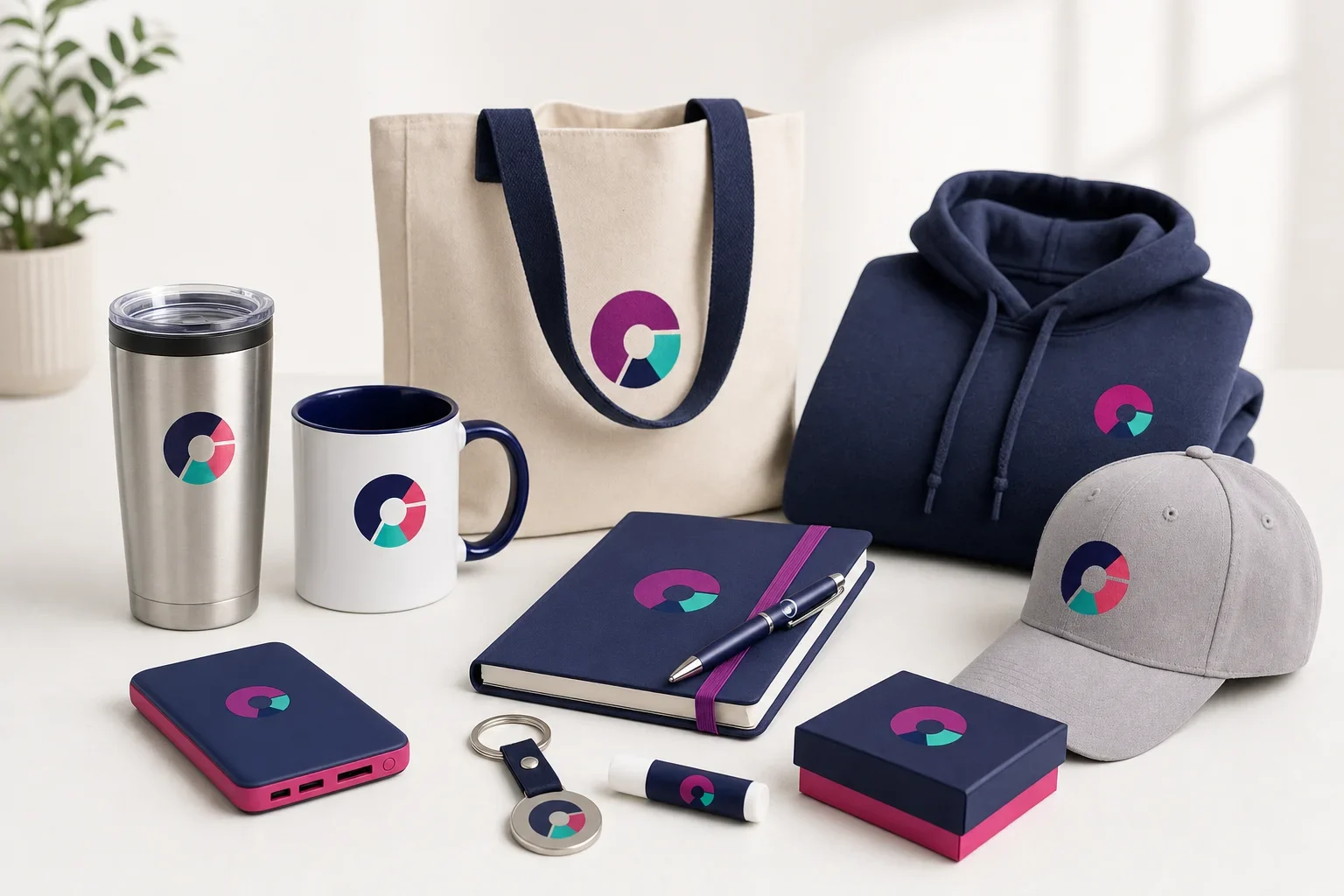 A collection of custom promotional products including drinkware, tote bags, pens, notebooks, apparel, tech items, and branded gifts arranged on a clean studio surface