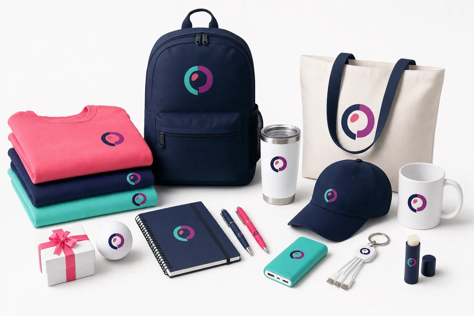 Different types of promotional products arranged in groups including apparel, drinkware, bags, notebooks, pens, wellness items, and tech accessories