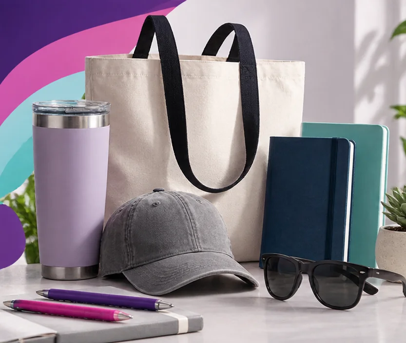 Promotional products including a tote bag, tumbler, cap, notebooks, pens, and sunglasses