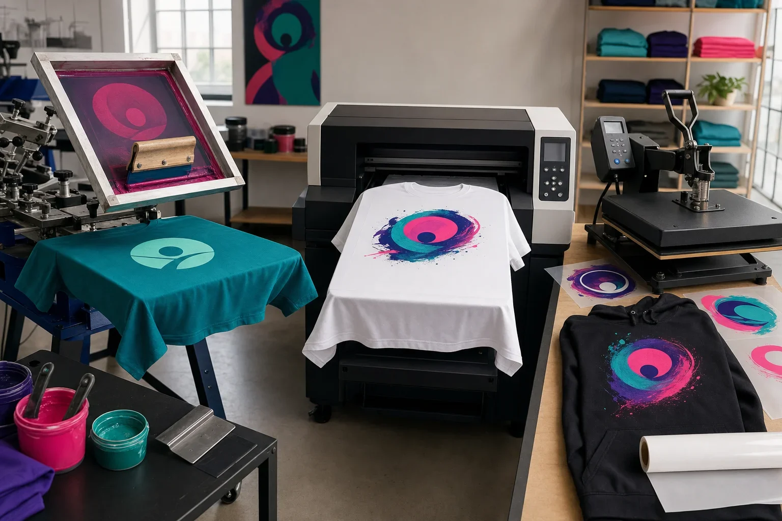 Custom apparel showing screen printing, DTG printing, and DTF transfer decoration on shirts and hoodies