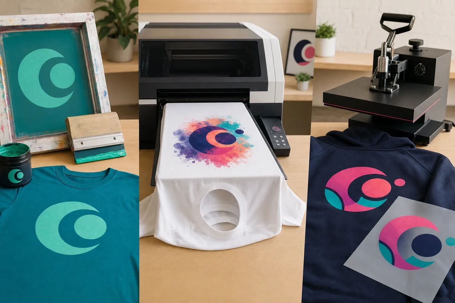 Three custom apparel examples showing a simple screen printed shirt, detailed DTG printed shirt, and colorful DTF transfer shirt